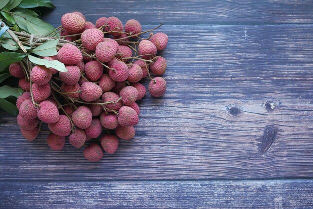 lychee on a wooden background top down