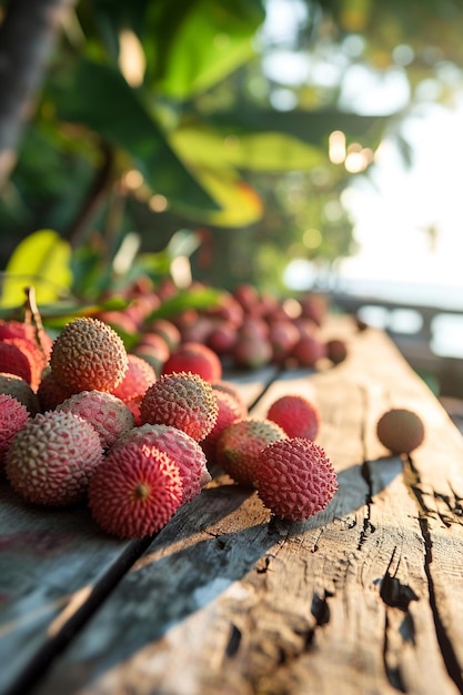 Photo lychees on a wooden background nature