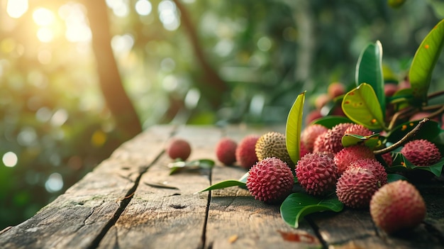 lychees on a wooden background nature