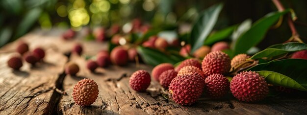 lychees on a wooden background nature