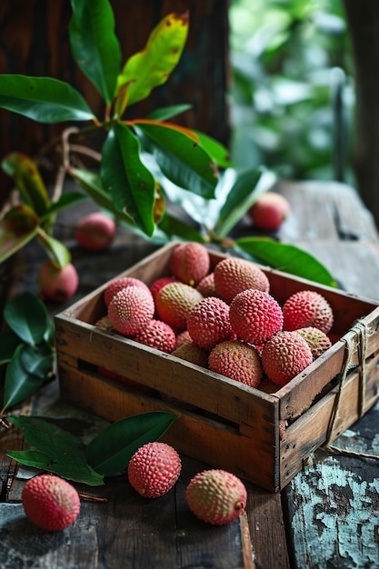 lychees in a wooden box on a wooden background nature