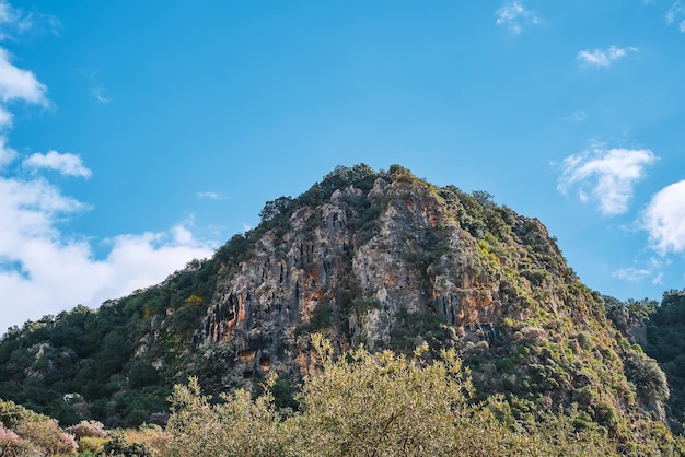 Lycische rotsgraven in Fethiye, Turkije op de hellingen van een berg met olijfgaarden