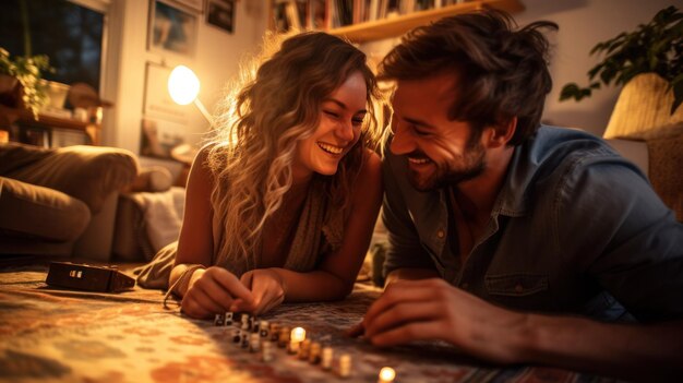 Photo lying on a cozy living room rug a couple shares a lighthearted moment over a board game surrounded by warm lighting