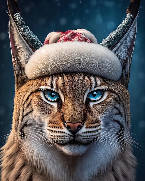 A lynx in a christmas hat