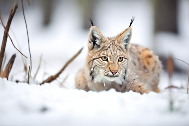 Foto lince accovacciata nella posa di caccia alla neve