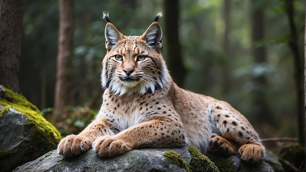 A lynx is sitting on a rock in the forest