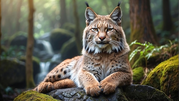 A lynx is sitting on a rock in the forest