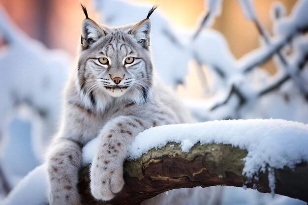 Photo lynx perched on a snowcovered log