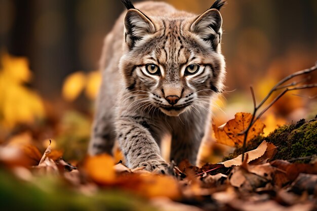 Lynx prowling through a dense forest