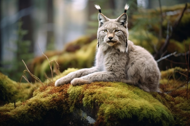 A lynx sits on a moss covered log in the forest.