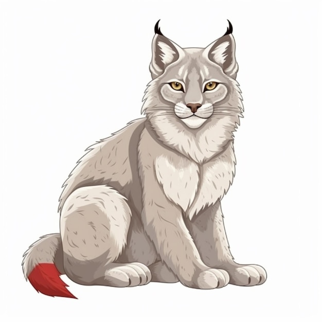 A lynx sits on a white background with a red tail.