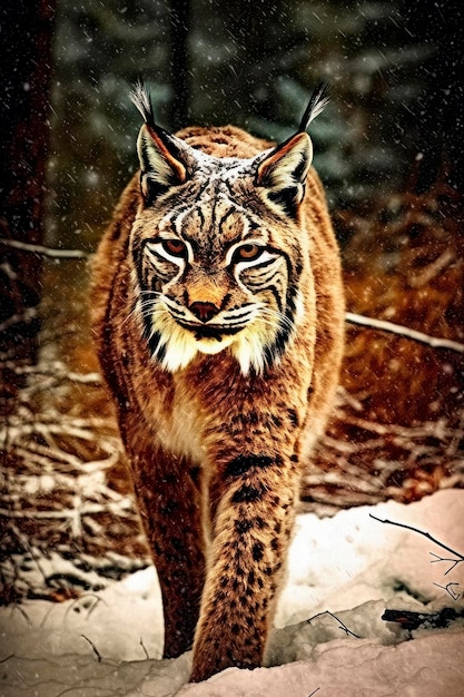 A lynx was stealthily prowling through the snowy forest