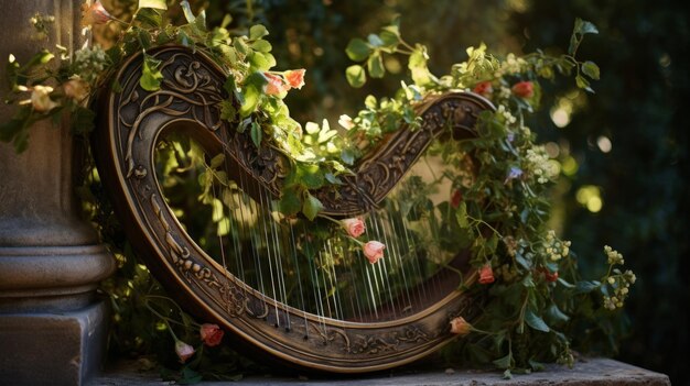 Photo lyre with living vine and flower strings music transforms area into enchanted garden