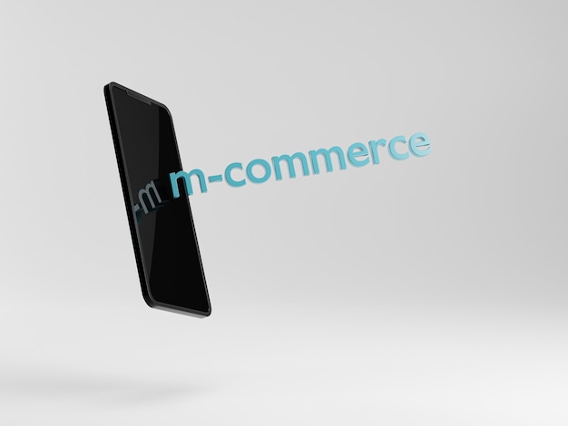 m-commerce concept. smartphone op witte achtergrond. online winkelen vanaf de telefoon. mobiel bankieren. 3d