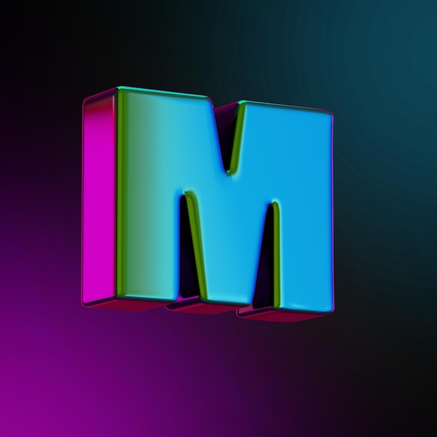 Photo m letter neon colored metal 3d rendered illustration blue and purple color isolated. 3d illustration