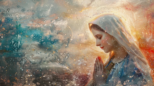 Maagd Maria een symbool van geloof en toewijding een iconische figuur in het christendom die zuiverheid genade en goddelijk moederschap vertegenwoordigt vereerd door gelovigen over de hele wereld voor haar heilige betekenis