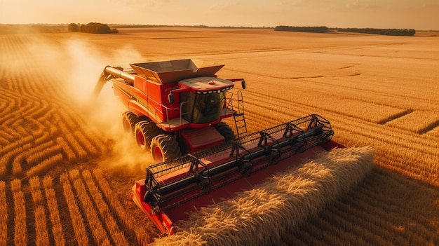 Maaidorser in tarweveld bij zonsondergang