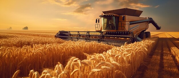 Maaidorser oogst rijpe tarwe Rijpe oren van goud veld op de zonsondergang