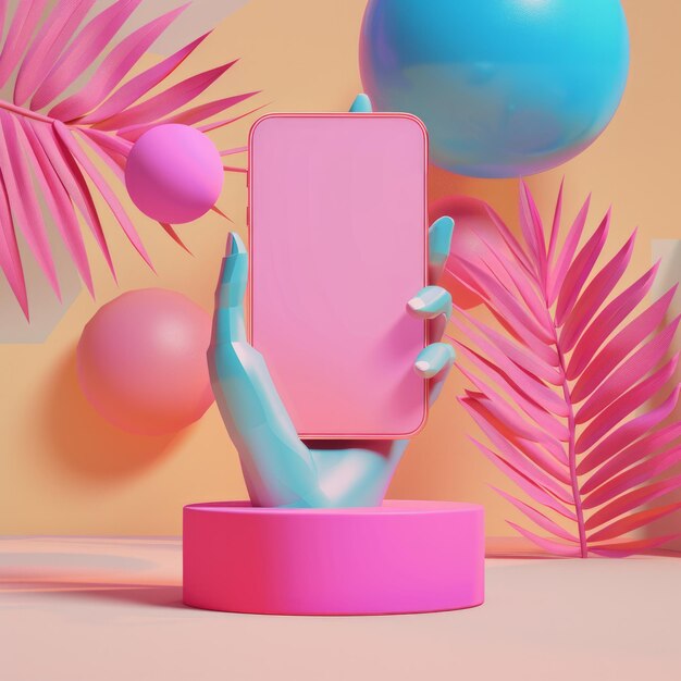 Foto maak een 3d-weergave van een hand die een smartphone vasthoudt op een achtergrond die trendy en modieus is. de compositie moet de elegantie en stijl van moderne tech ai generative vastleggen.