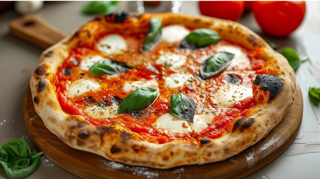 Maak een afbeelding van een Pizza Napoletana met een verbrande bubbelachtige korst, levendige tomatensous, verse mozzarella en basilicumbladeren.