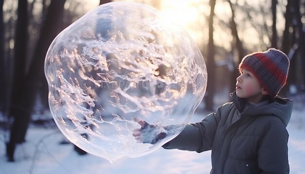 Foto maak een bubbelsoplossing en blaas bubbels buiten bij koud weer kijk hoe de bubbels bevriezen en delicate ijs sculpturen vormen 44