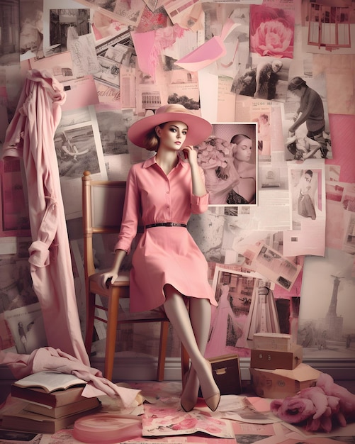 Maak een collage met modebladen of digitale afbeeldingen Mix en match roze elementen zoals fab
