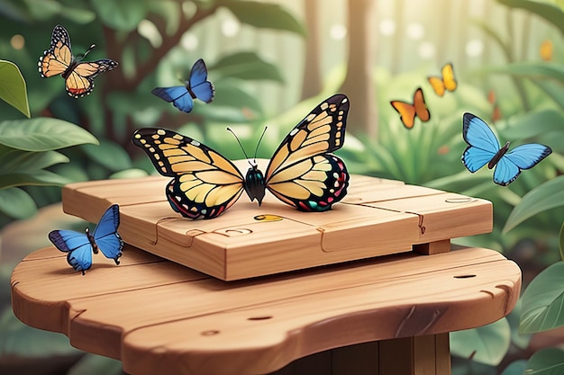 Maak een compositie met een houten plank in een botanische tuin met vlinders