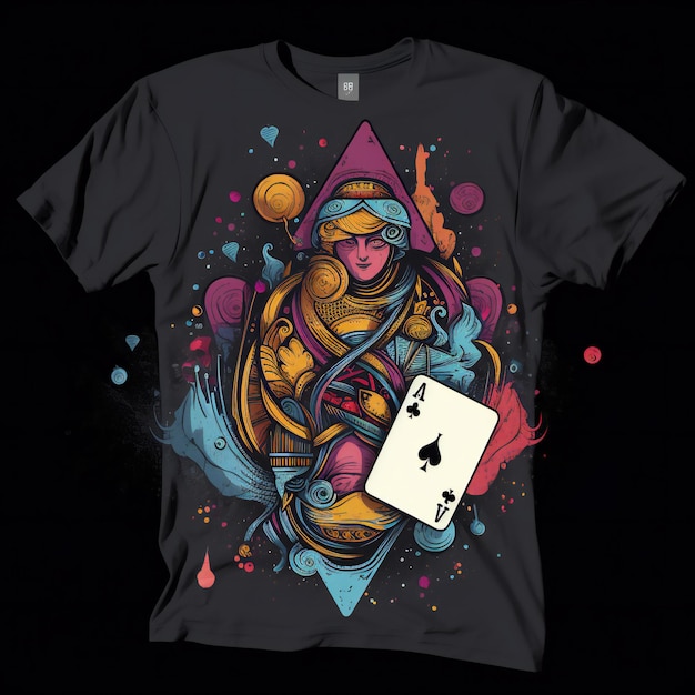 maak een cool t-shirtontwerp voor een pokerfan, inclusief een kaart 7 met ruimte en een kaart 2 met hartjes v