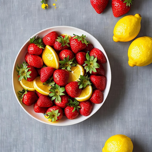 Maak een foto van een schaal met aardbeien en citroen, waarop 'fruit' staat geschreven
