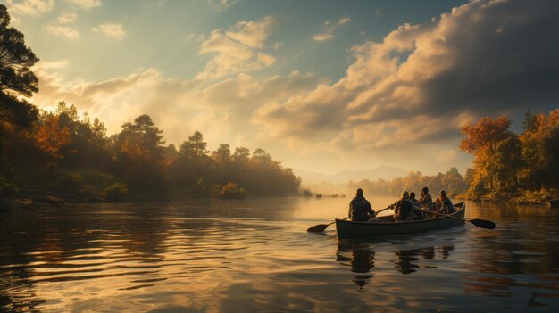 Maak een foto van twee mannen en drie vrouwen in een boot die de Wisconsin rivier afdwaalt.