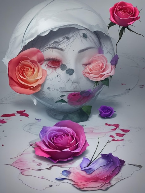 Maak een logo van een delicate verwelkende roos met zijn bloemblaadjes omgevormd tot kleurrijke tranen