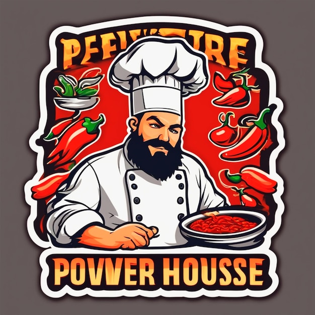 Maak een logo van Power House en het concept is Chef Cap en Hot Fire Chilli Powerspicy