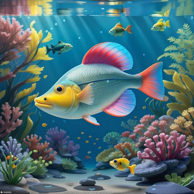 Maak een realistische kleurrijke vis zwemmen sierlijk in de rustige onderwater tuin foto realistisch