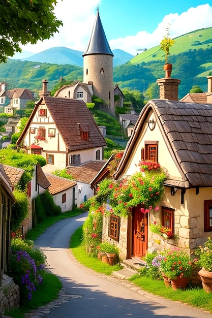 Maak een wandeling door een schilderachtig tekenfilmdorp met zijn glooiende heuvel