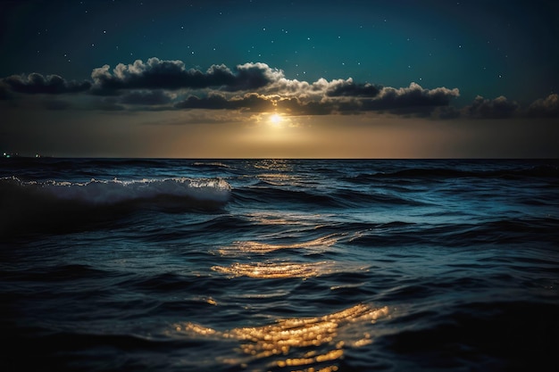 Maan boven de zee 's nachts close-up met maanlichtpad in de stijl van maanlicht