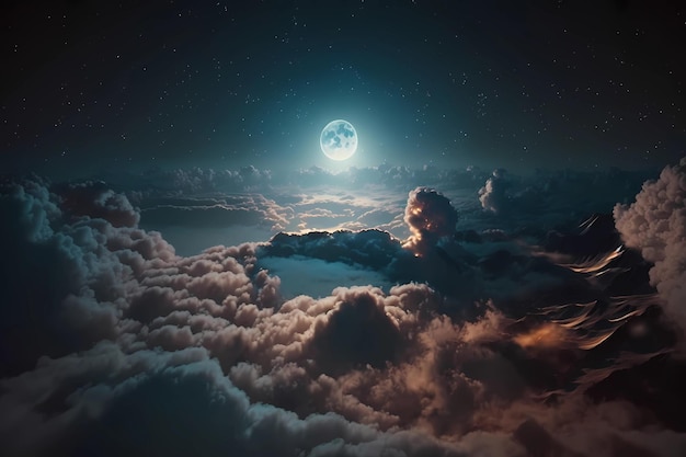 Maan boven wolken Verlicht volle maan boven de lucht wolken Magische dromerige sfeer met maan