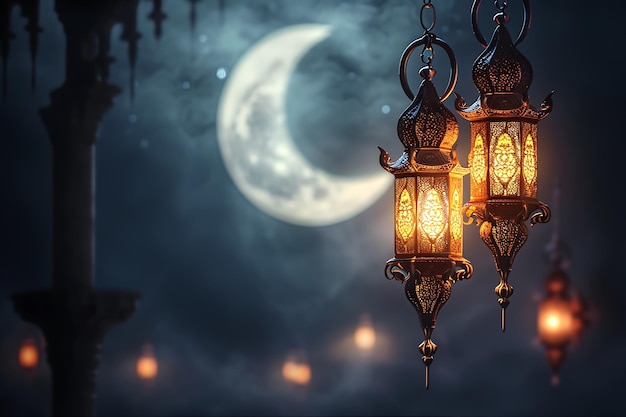 Maan en lantaarns op een achtergrond met Arabische elementen