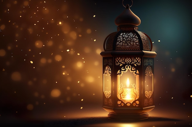 Maand Ramadan Kareem Gouden Lantaarn op de achtergrond van de nachtstad bokeh