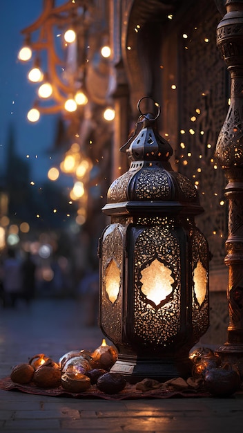 maand Ramadan met de Ramadan lantaarn en Ramadan decoraties in de verlichte straten