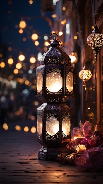 maand Ramadan met de Ramadan lantaarn en Ramadan decoraties in de verlichte straten
