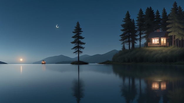 Maanlicht reflecteert op meerwater en een klein wazig huis in het meer