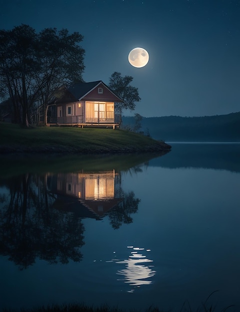 Maanlicht reflecteert op meerwater en een klein wazig huis in het meer