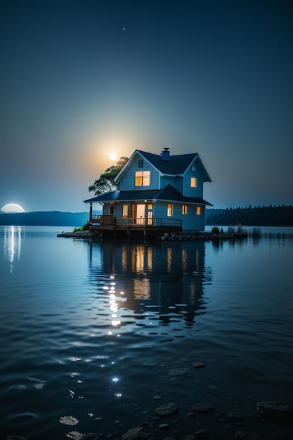 Maanlicht reflecteert op meerwater en een klein wazig huis in het meer