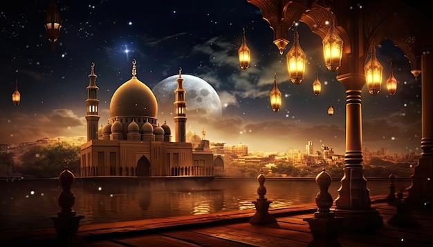Maanlicht schijnt door het raam in het interieur van de islamitische moskee
