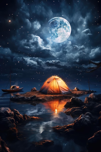 Maanlichtnacht Maan hangt in de lucht Tent bij het meer
