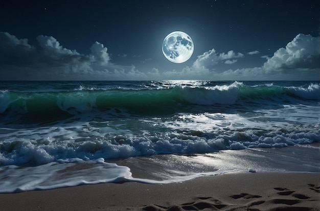 Maanlichtstrand met golven die op de kust storten