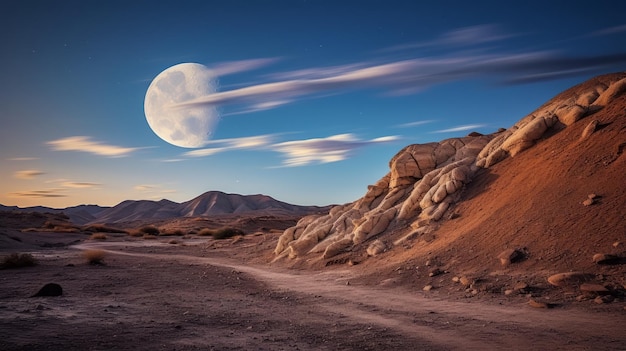 Foto maanopkomende surrealistische fantasielandschappen in de woestijn van californië