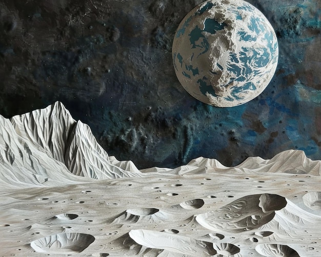 Maanoppervlak 3D papier kunst ruimte reis scène gestructureerde kraters Aarde stijgen achtergrond