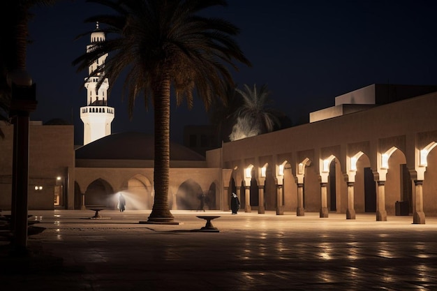 Maanslicht verlicht een binnenplaats van een moskee