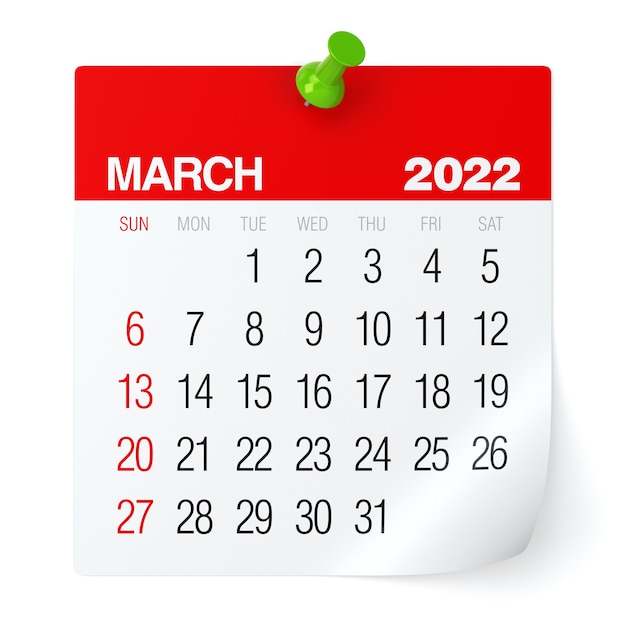 Maart 2022 - Kalender. Geïsoleerd op een witte achtergrond. 3D Illustratie